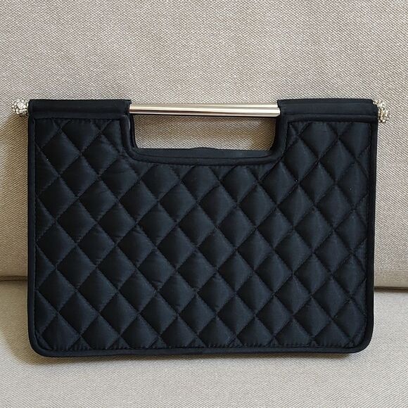 Preston & York Black Quilted Satchel Shoulder Bag Rhinestone Ball Handle Ends - Picture 1 of 11